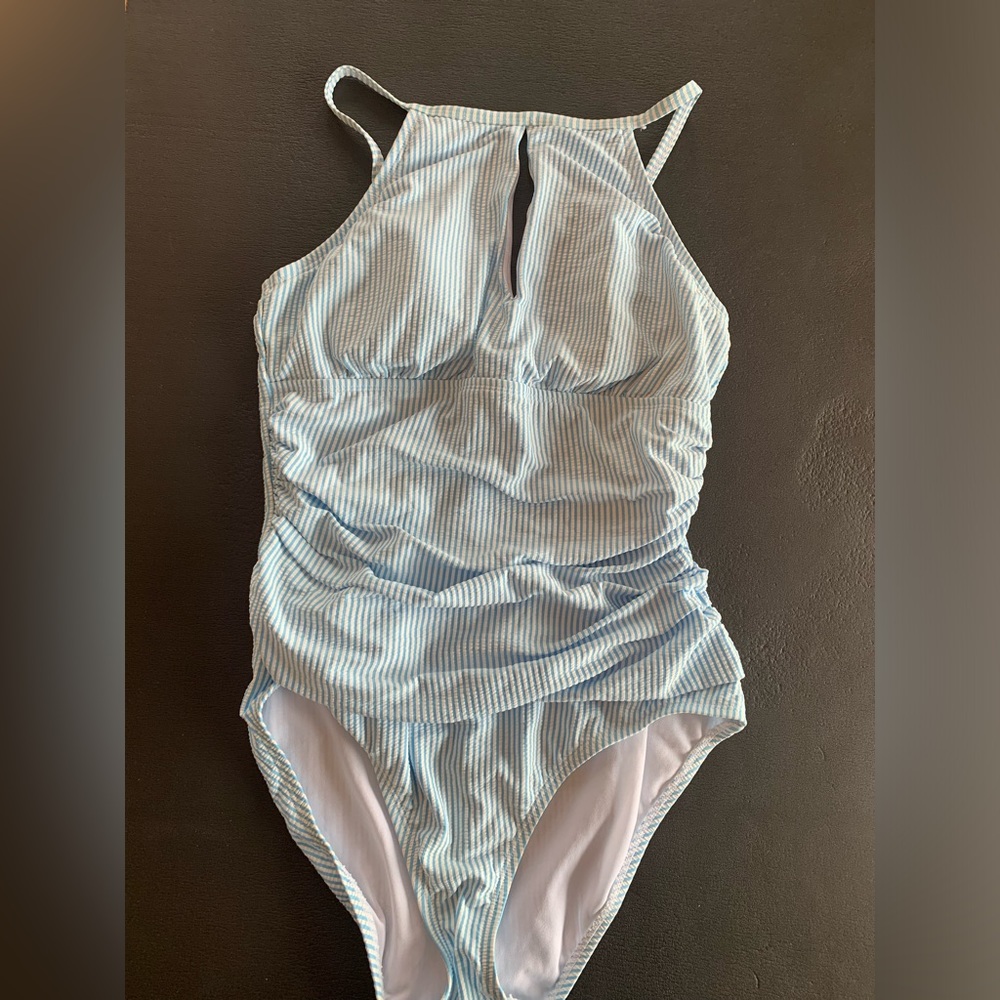 Ellen Tracy Halter Pinstripe Swimsuit‎ One Piece Blue Women’s 12 Preowned